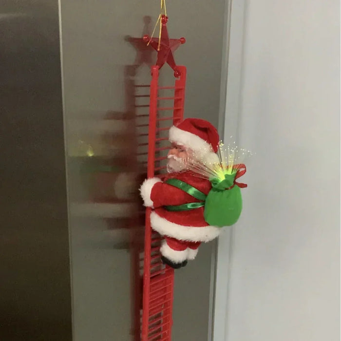 Electric climbing Santa ladder ornament shown in full