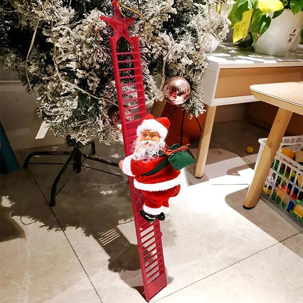 Climbing Santa Claus decoration on a red ladder, alternate view